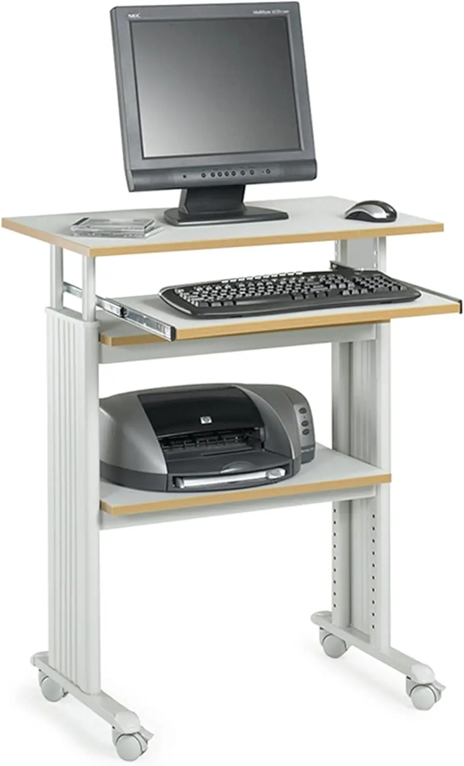 Adjustable-Height Desk with Keyboard Shelf, Steel Frame, Laminate Work Surface, Mobile on 4 Wheels, Powder Coat Finish