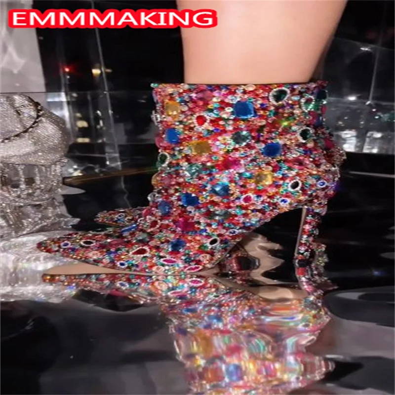 

Luxury Diamonds Women Fashion Sexy Runway Ankle Boots 2024 New Mixed Color Rhinestones Winter botas mujer Party Shoes High Heels