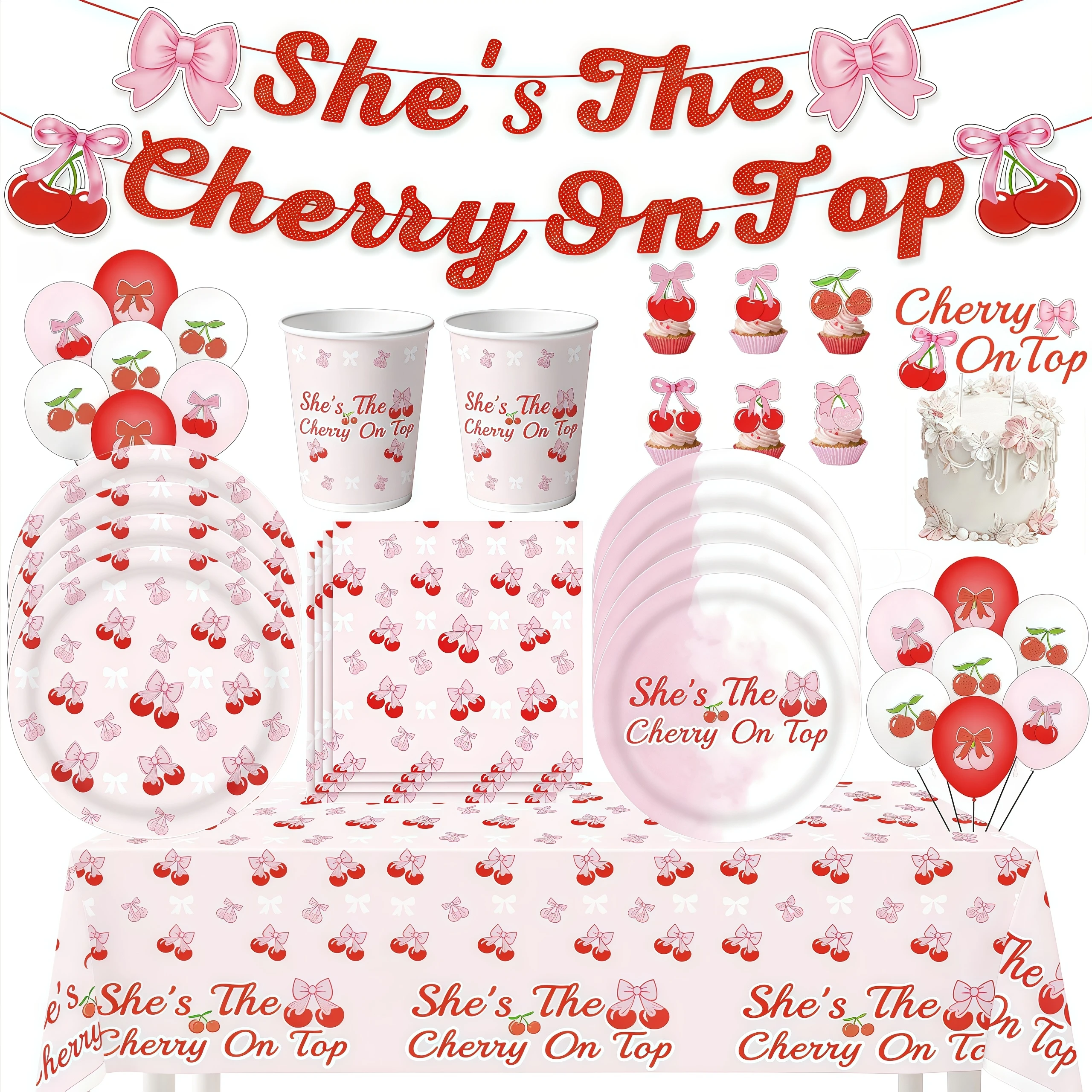 Kirsche Geburtstag Party Dekoration Geschirr Teller Tassen Schnapstifte Luftballons Banner Braut Dusche Hochzeit Dekor Bevorzugung Party Supplies