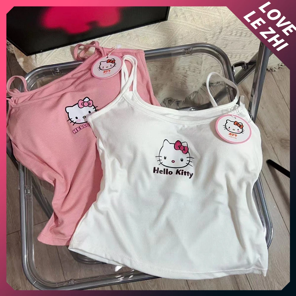 

Sanrioed летний модный топ Hello Kittys с подушечкой для груди, Милый Летний крутой укороченный топ для девушек, белый пикантный съемный Топ