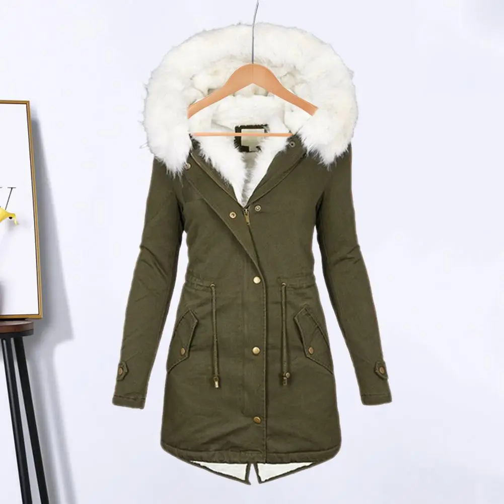 Lady Coat With Furry Hooded Plush Lined Mid Length Cold-proof Outerwear With Pockets And Drawstring Waist Daily Overcoat Jacket