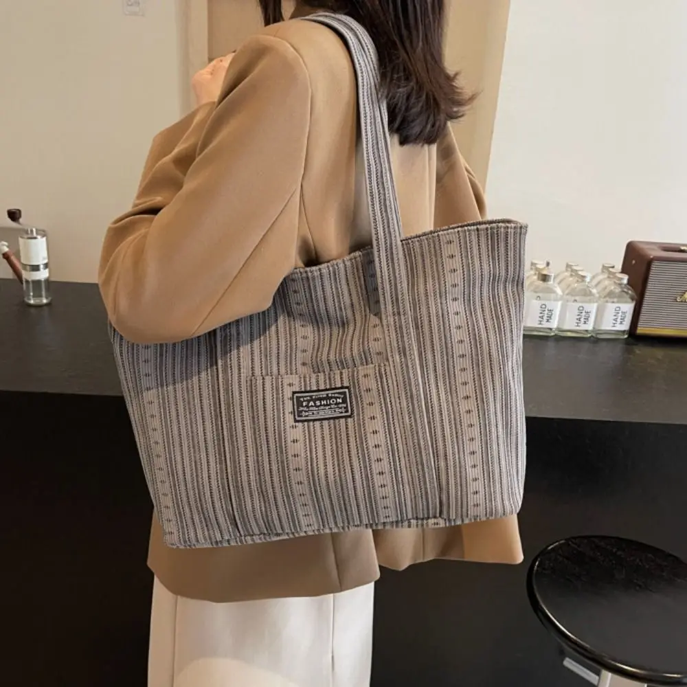 

Large Capacity Canvas Tote Bag Portable Original Commuting Shoulder Bag Minority Design All-match Stripe Handbag Lady