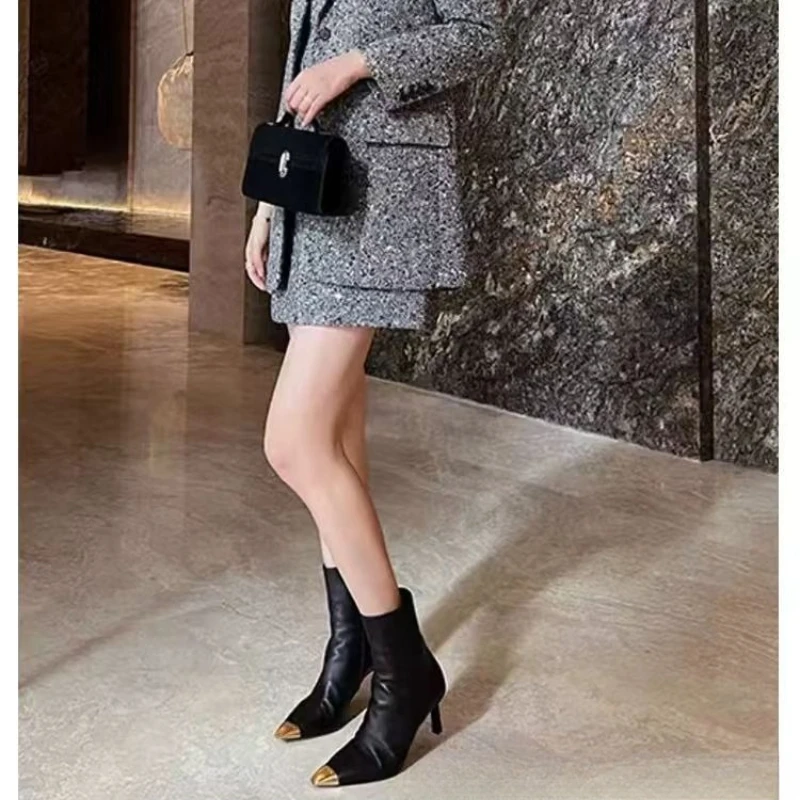 

Women's Metal Pointed Stiletto Heel Ankle Boots Side Zipper Autumn Winter Fashion Slim Black Chunky Boots