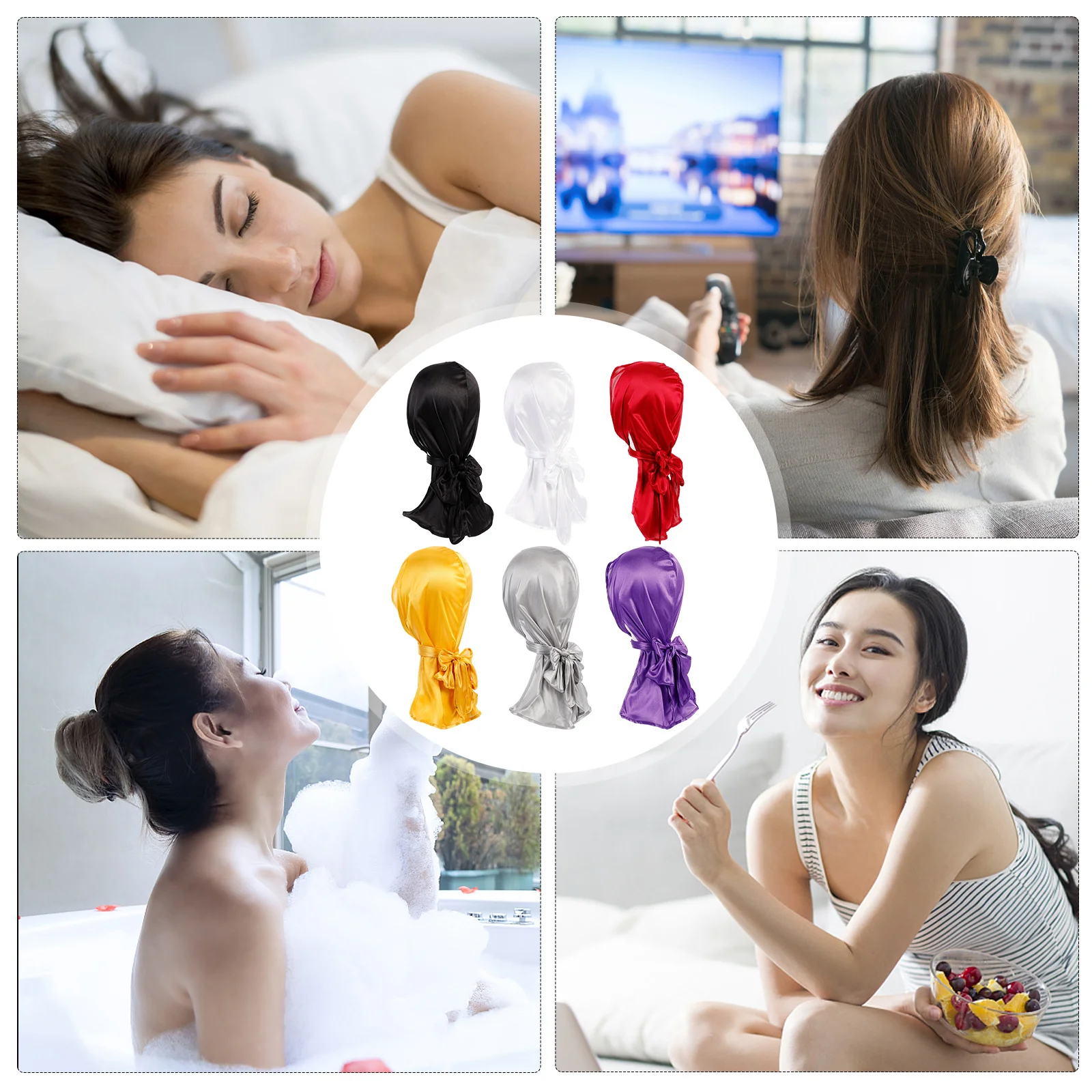 6 قطعة قبعات عمامة القراصنة الحرير حك مطاطا تنفس الكيماوي قبعة فقدان الشعر وشاح طويل الذيل التفاف النساء القراصنة عمامة