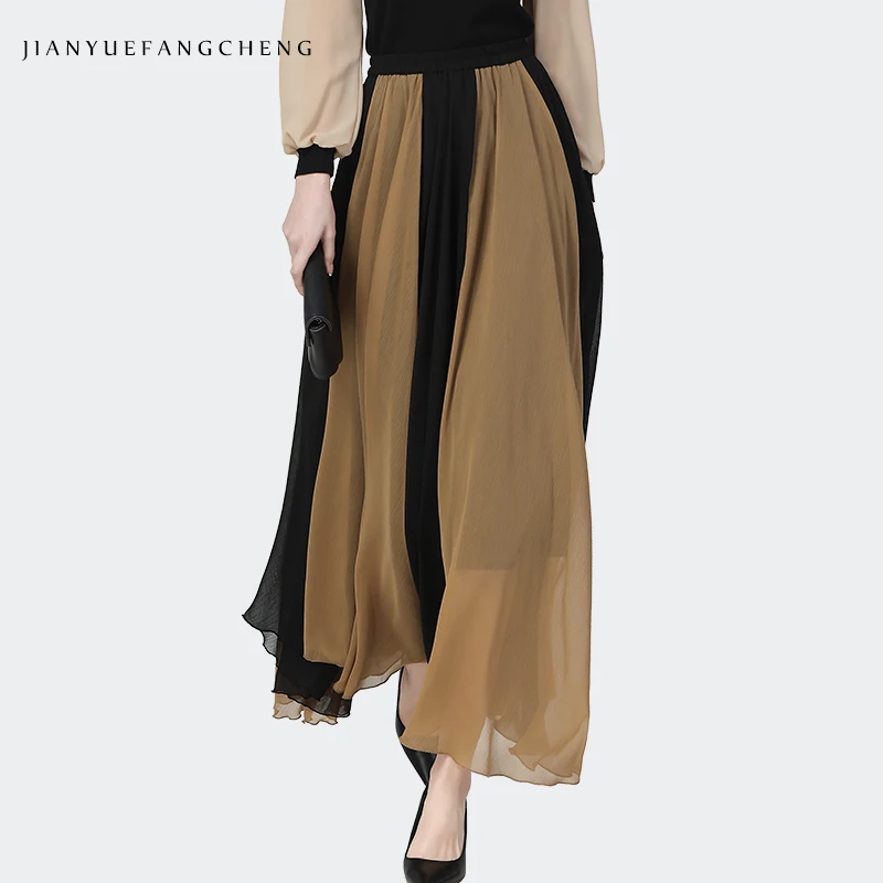 Pleated Long Chiffon Skirts Fashion Black-Brown Color Blocking Women Spring Summer Bottoms High Waist A-Line Flowing Big Swing