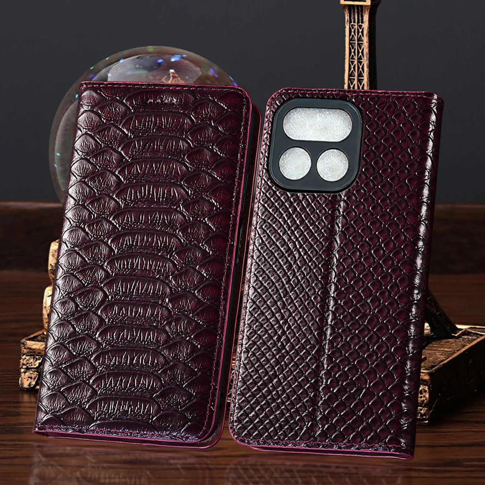 

For Realme 11 12 13 14 14T 15 16 Pro Plus 4G 5G Python Pattern Of Genuine Leather Flip Phone Case Cowhide Scratch-Resistant