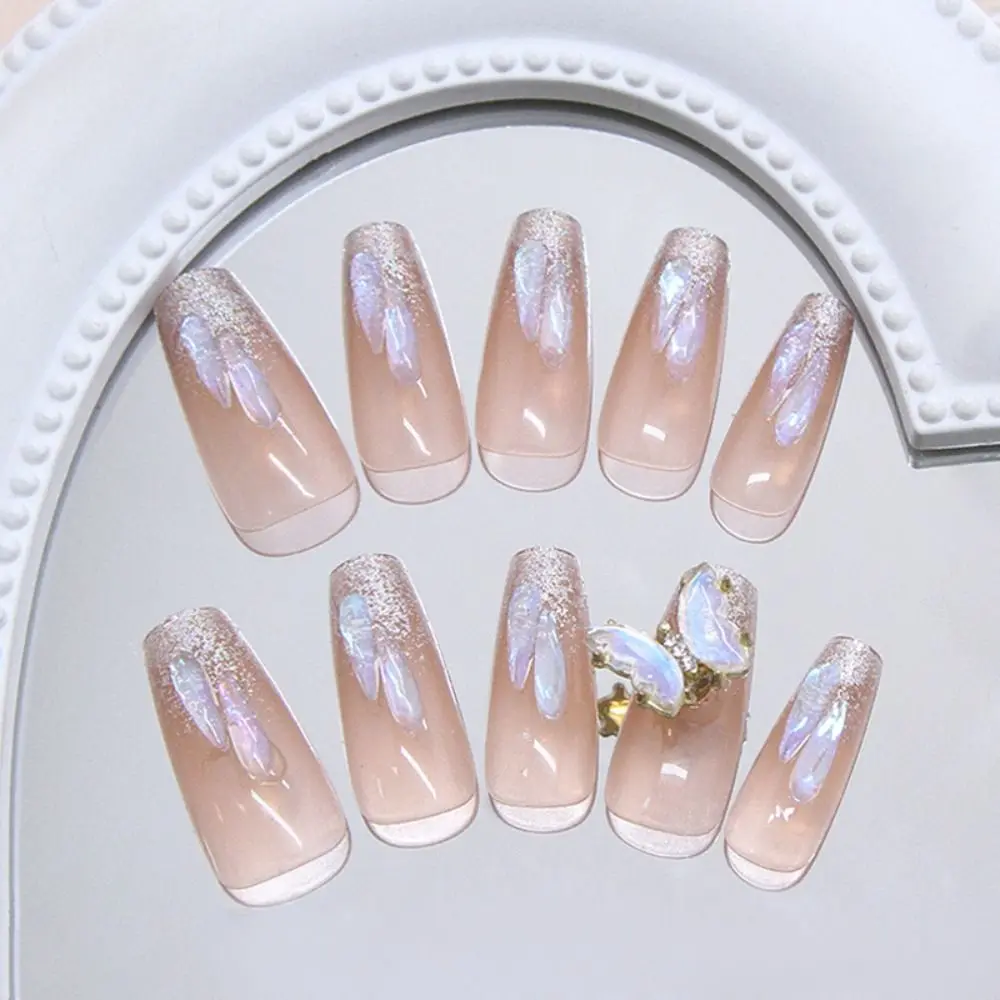 24pcs Detachable Long Ballerina False Nails Exquisite French Fake Nails Full Cover Rotating Sparkling Butterfly Nail Tips DIY