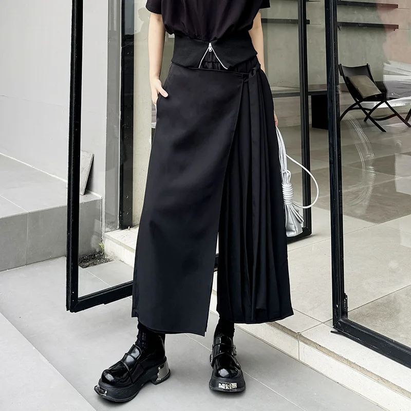 HKSH Spring Autumn New Women Wide Leg Baggy Pants Asymmetric Pleated Elastic Waisted Versatile Elegant Trend Dark Casual HK16639