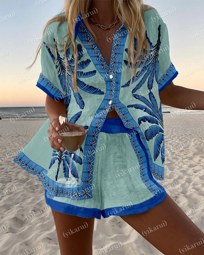 

Fashion Lapel Short-sleeved Single-breasted Shirt Top Shorts 2-piece Set Women Vacation Elegant Summer Print Casual Suit Female