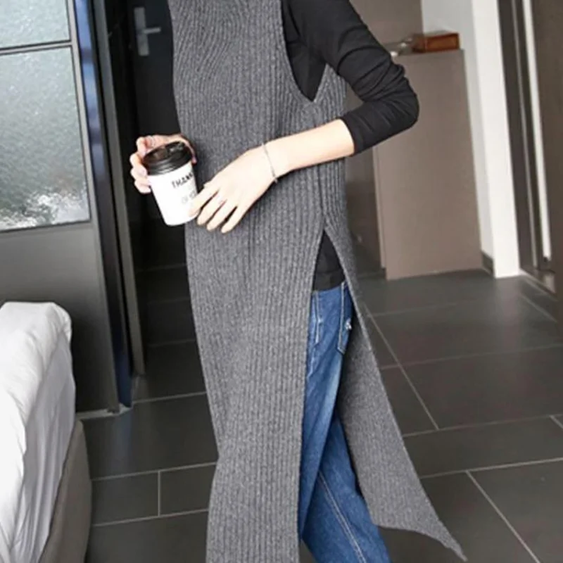 Casual sweater vest female 2023 autumn and winter sweater women pullover medium and long half high neck split with knitwear vest