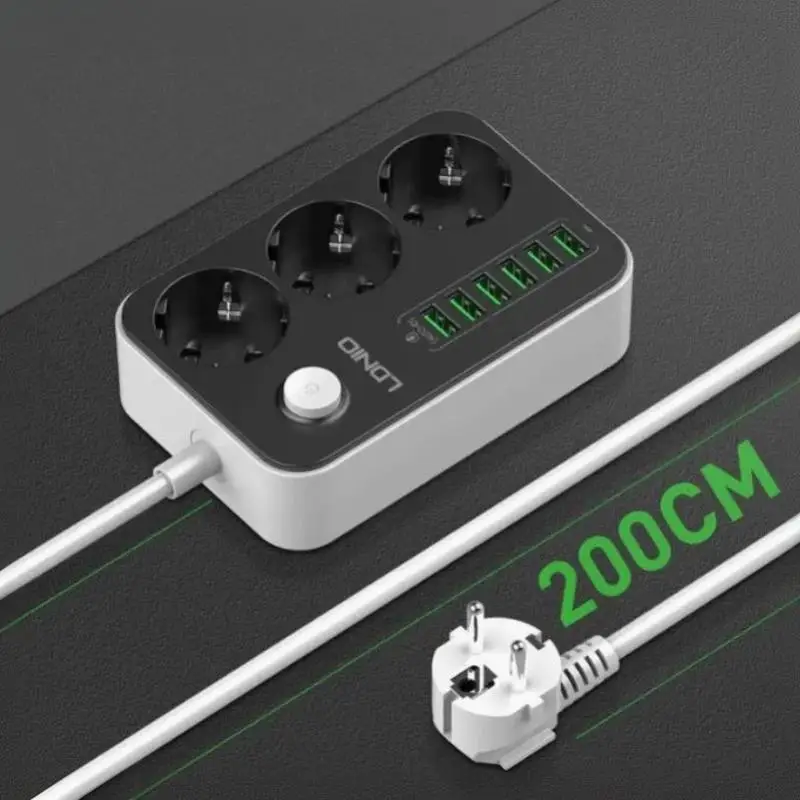 European Standard Electric Outlet Plug Socket USB Charging 3 Prong 2M Extension Cord for Home Appliances