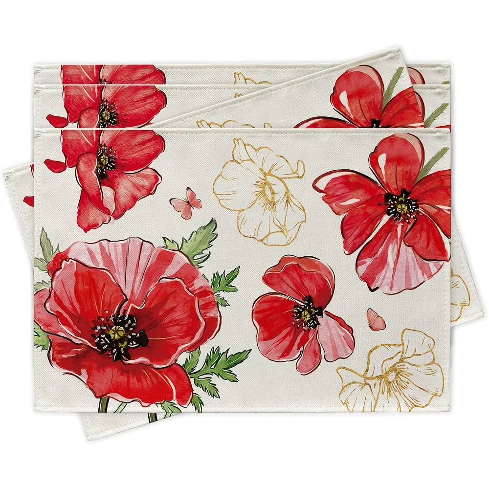 

4pcs Spring Floral & Butterfly Placemats Set - Red Poppy & White Flower Design on, 100% Polyester, Rectangular Dining Table Mats