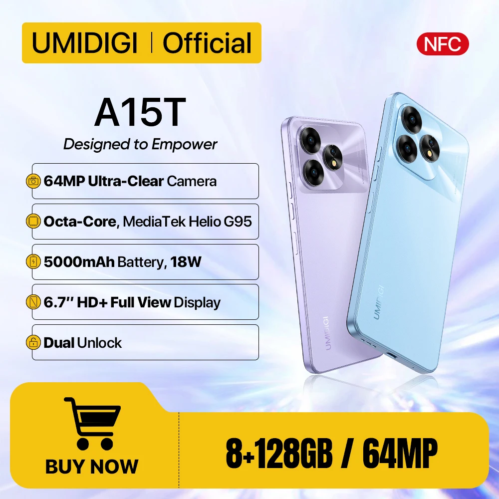 UMIDIGI A15T Smartphone Android 13 MTK Helio G95 Octa-Core Ultraslank 6,7 '' HD+ 8+8GB 128GB 64MP 5000mAh Batterij Hotkey NFC AGPS