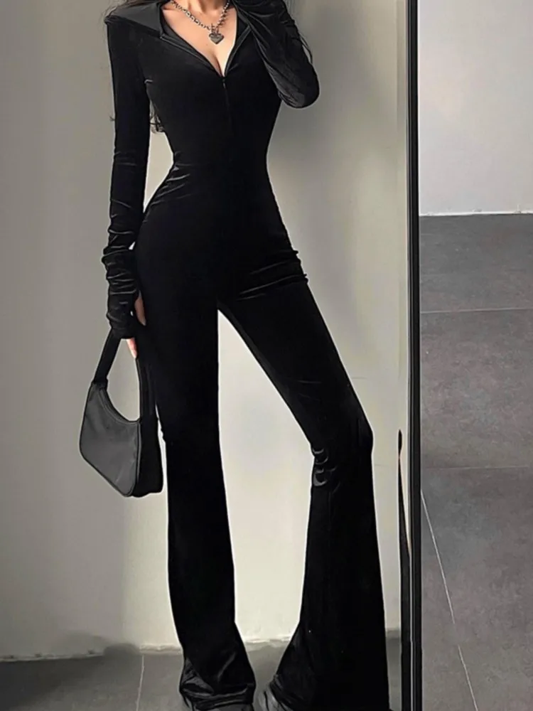 Combinaison moulante en velours noir pour femme, Sexy, mode, capuche, fermeture éclair, pantalon évasé, barboteuse, Vintage Y2k, Streetwear, tenues d'hiver, automne