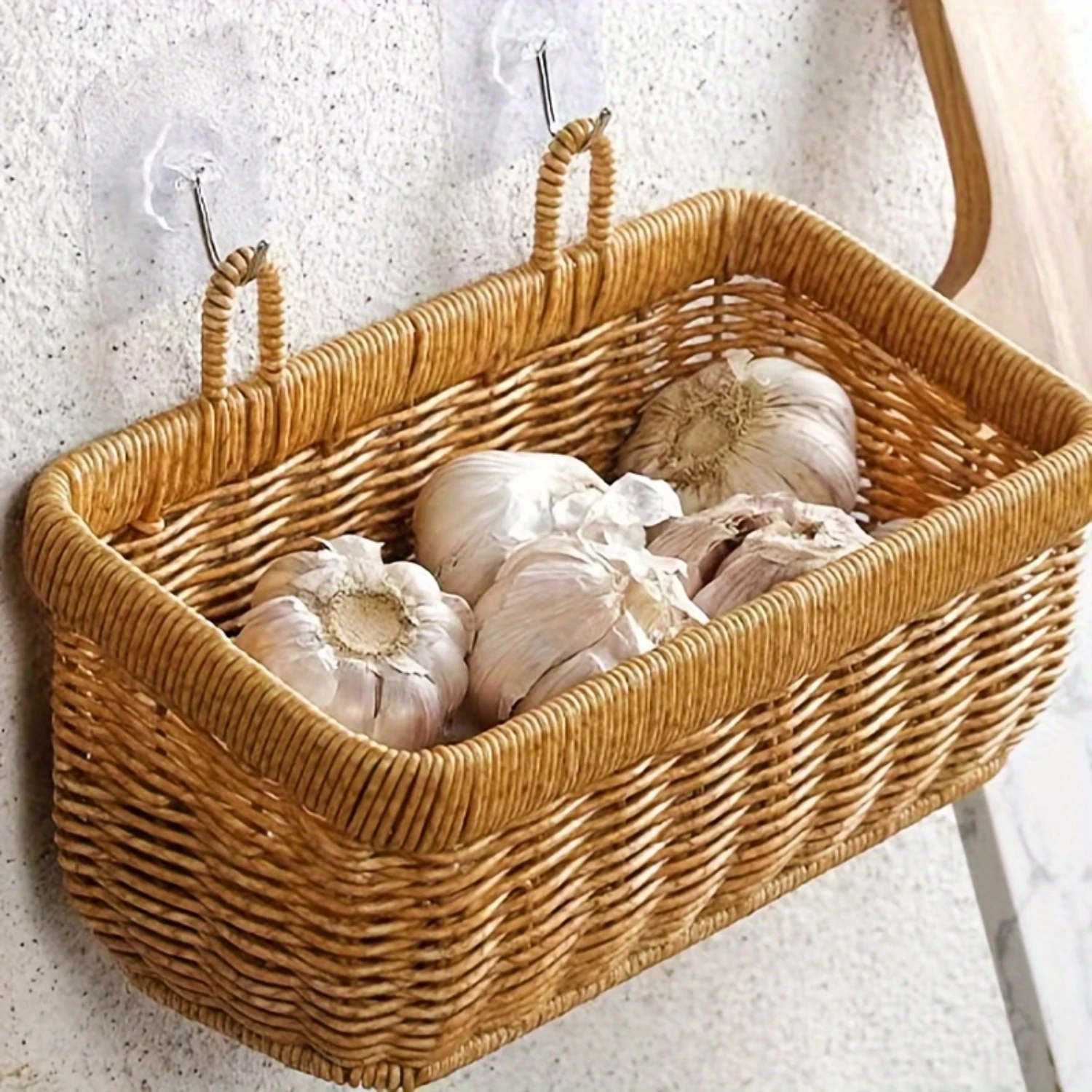 

Rustic Wicker Wall Hanging Baskets, Country Style Kitchen Organizer for Garlic Ginger Fruits, Wall-Mounted Rattan Bins