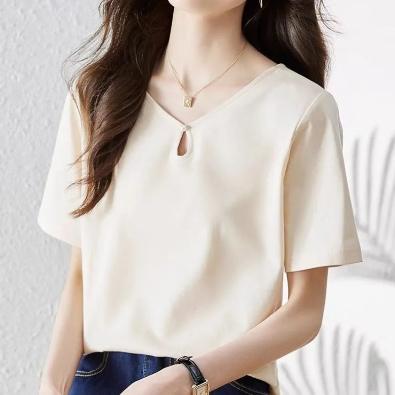 

2023 New Pure Cotton Hollow Simple Solid Loose Short Sleeve Women's T-shirt Front Shoulder Button Fashion Slim Elegant Tops