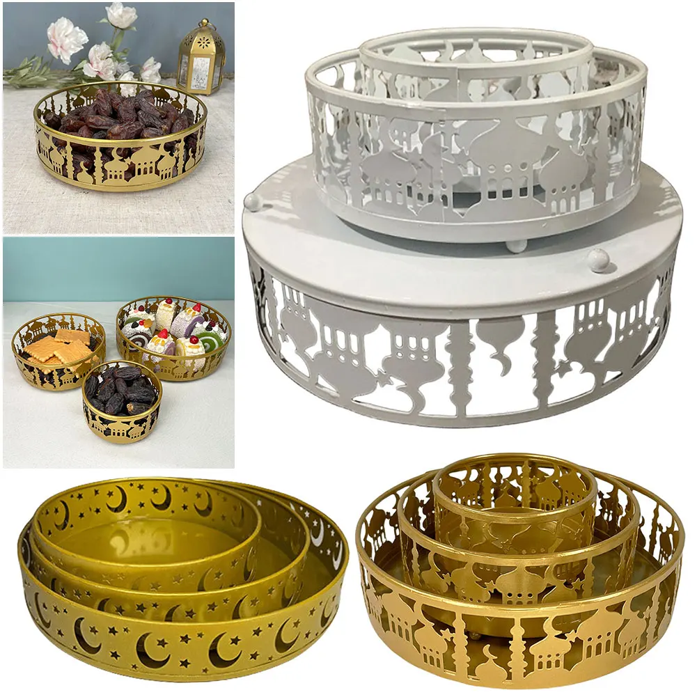 

3 Pcs Ramadan Food Serving Tray Dessert Serving Tray Islam Eid Mubarak Trays Islamic Metal Candy Holder for Dessert Snack Pastry
