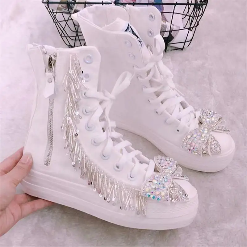 

Туфли ручной работы с бусинами и кисточками, высокие, плоская подошва, холщовые туфли на толстой подошве, маленькие белые, весна-осень