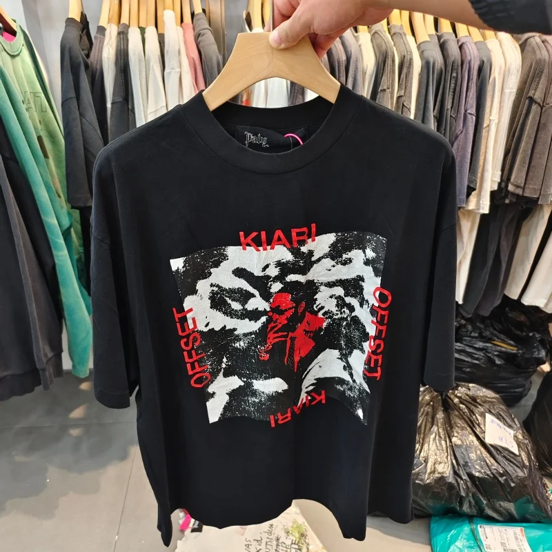 

Черная винтажная футболка с потертостями, мужская красно-черная футболка с графическим принтом Paly, негабаритный повседневный уличный топ