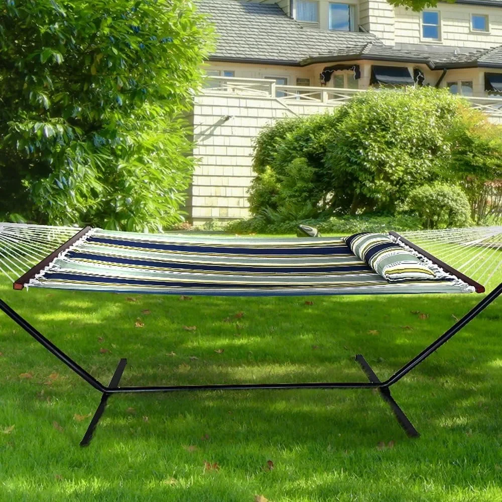 

2Person Stylish Hammock with Stand- Premium Cotton 53" Large Hammock Bed- Spreadedbars & Pillow Included- Heavy Duty 450lbs