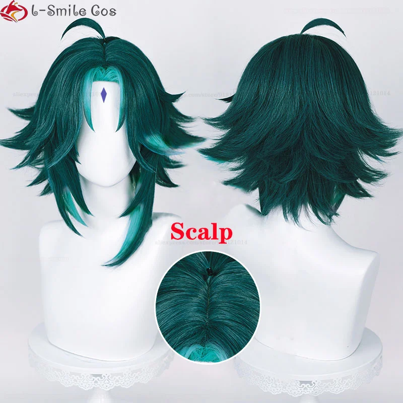 Peruca curta anime verde com adesivos, cabelo sintético resistente ao calor, Xiao Cosplay, peruca de festa de Halloween, boné, 40cm, 2 estilos