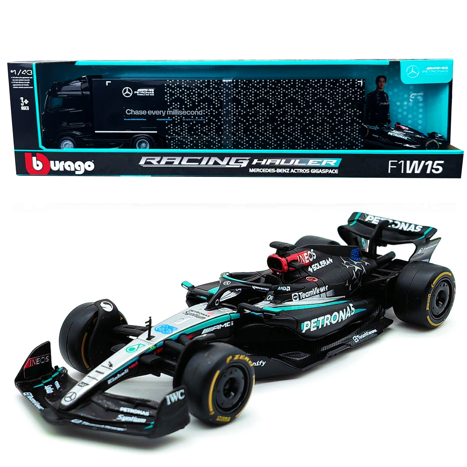 

Bburago 1:43 F1 Racing Transport Mercedes Benz Actros Gigaspace Racing Hauler + миниатюрная литая под давлением модель из сплава команды F1 W15