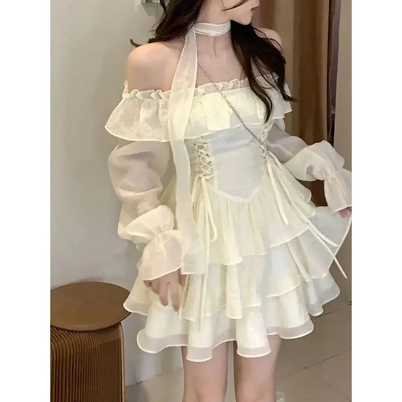 Langärmliges elegantes Mini kleid Lolita reine Farbe kurzes Party kleid Frau lässig süßes einteiliges Kleid koreanische Mode