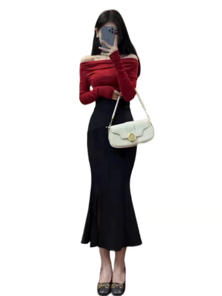 Conjunto de Dos Piezas de Falda Larga y Top de Un Hombro con Cintura Ajustada para Mujer, Estilo Informal para Invierno