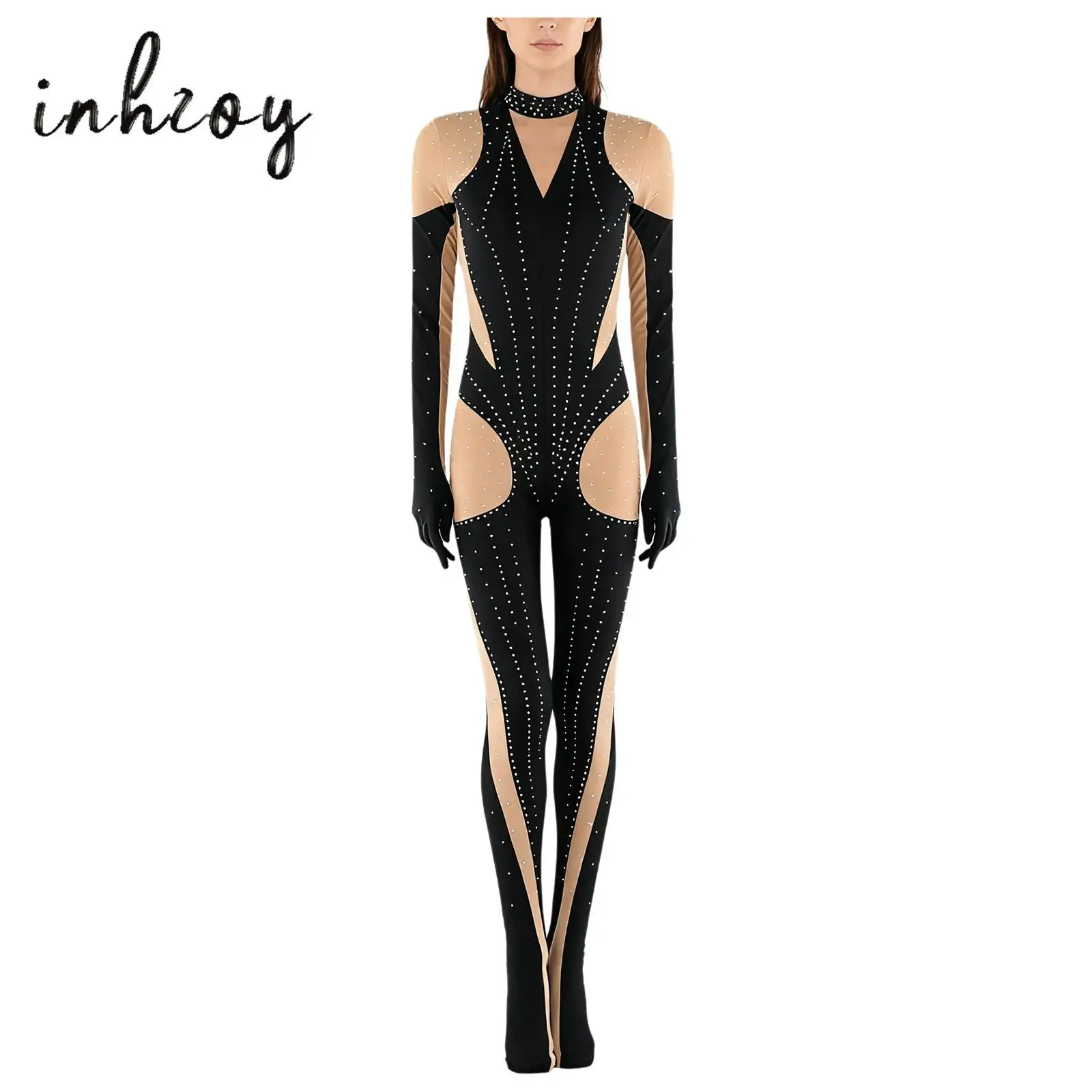 

Women‘s Figure Skating Gymnastics Jumpsuit Shiny Rhinestone Full-body Unitard Gloved Sleeves Footed Contrast Color Bodysuit