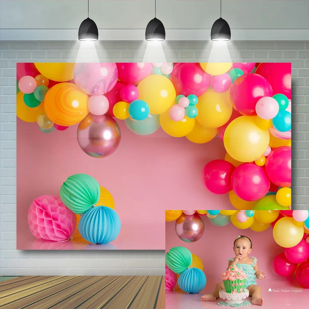 Kids 1st Birthday Backdrop Bathroom Balloons Child Portrait Cake Smash Photography Background Pink Props Vinyl Photo Studio