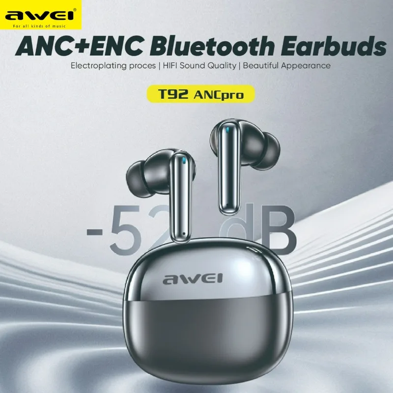 T92 Awei 52dB ANC Wireless Earbuds 6Mic Bluetooth 6.0 in-ear Earphones Surrounded Sound Headphones Noise Canceling Type C Gaming