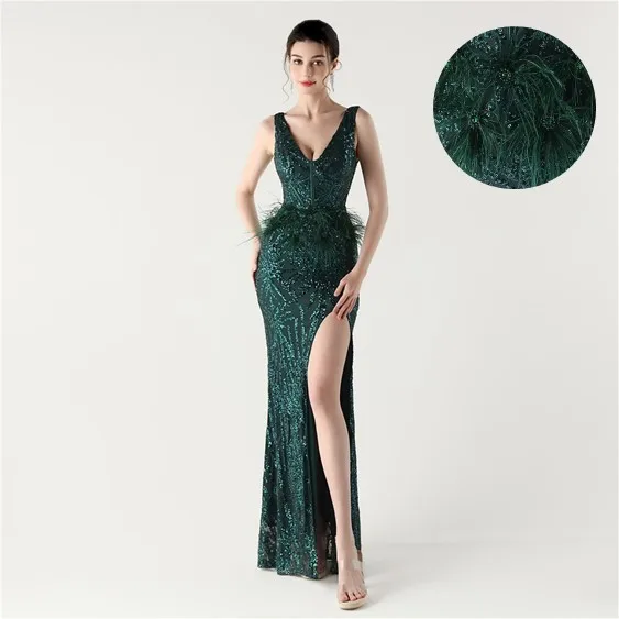 

Prom Dress Women Party Long Sequin V Neck Sleeveless Dresses Wedding Guest Evening Dress High Slit Mermaid Maxi Elegant Gala