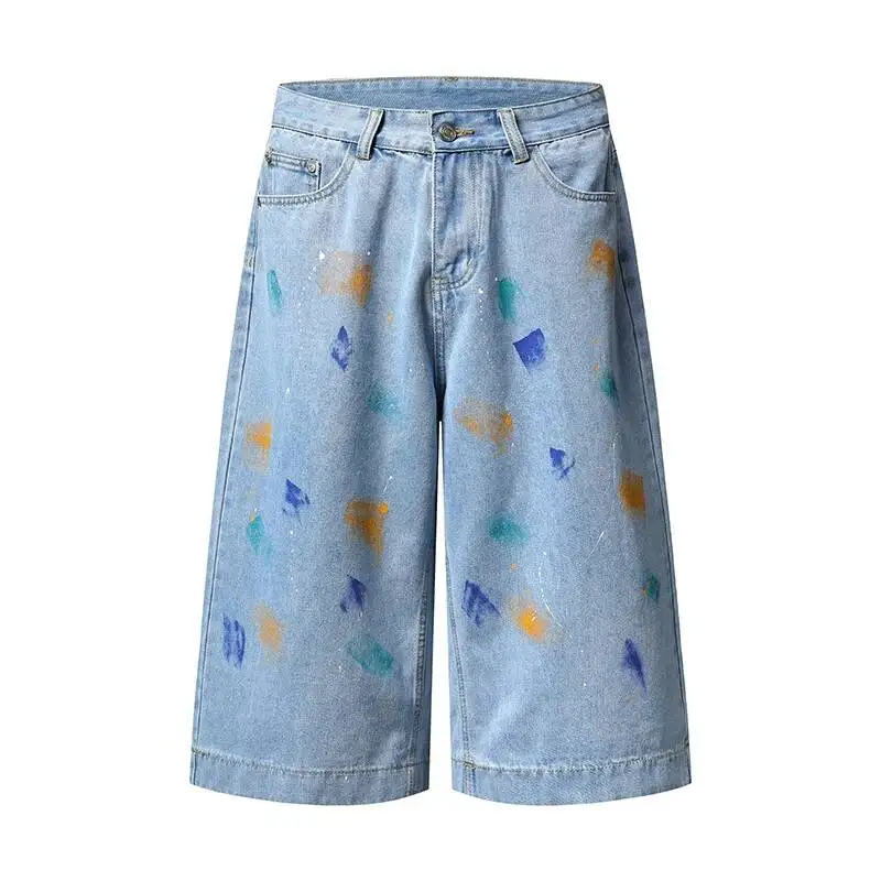

American Style Graffiti Wide Leg Men's Denim Shorts Trendy Loose Fitting Cropped Knee Length Jeans