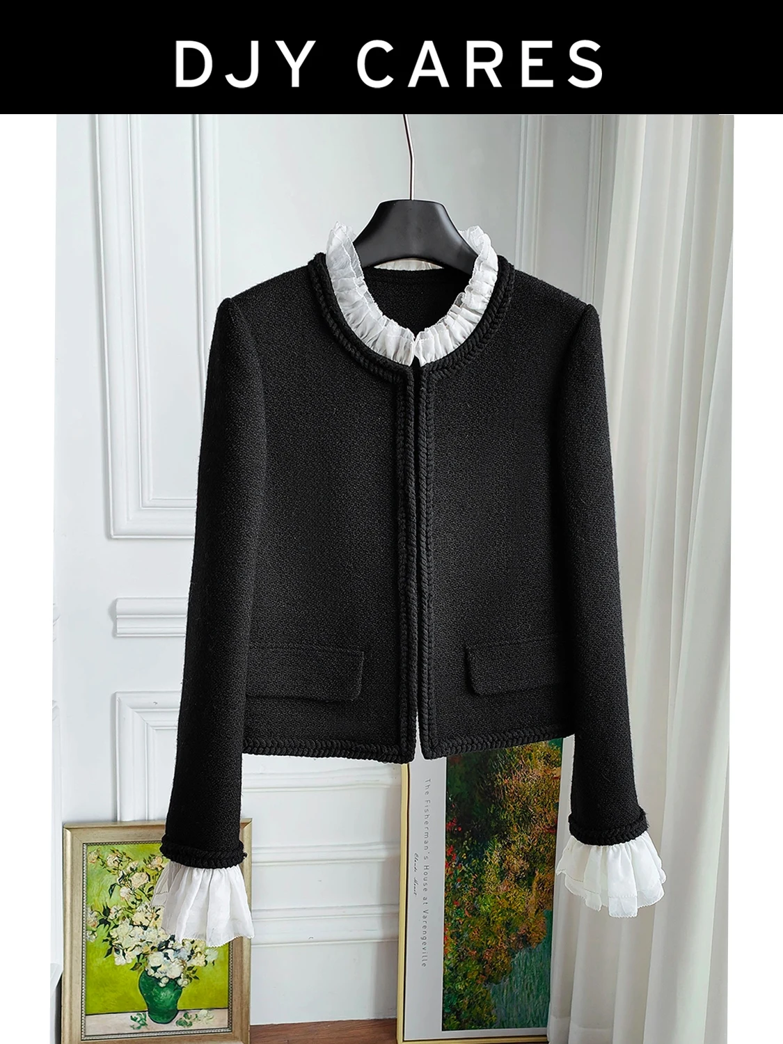 

New Rough tweed ruffled black socialite short jacket top