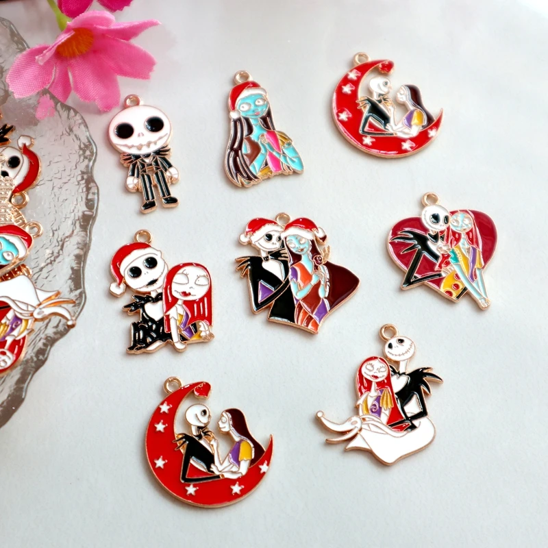 7pcs Larger Halloween Skeleton Alloy Enamel Pendant Love Heart Moon Stars Romantic Metal Charms DIY Jewelry Keychain Accessory