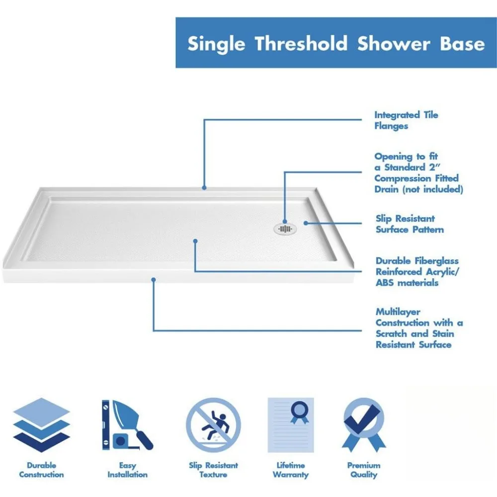 32 in. D x 60 in. W x 2 3/4 in. H Right Drain Single Threshold Shower Base in White,Base Type: Single Threshold (3-Wall Alcove)