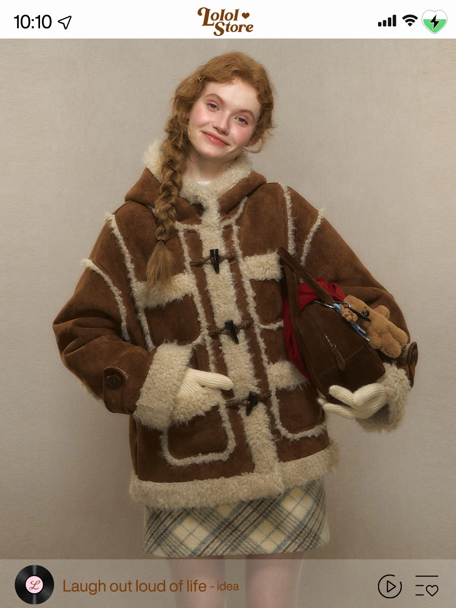 

LOLOL ® 2025 Winter New Sle Women's Suede Fur Jaet with Hood And Horn Buttons Cotton Coat Retro Straight Tube Long Sve