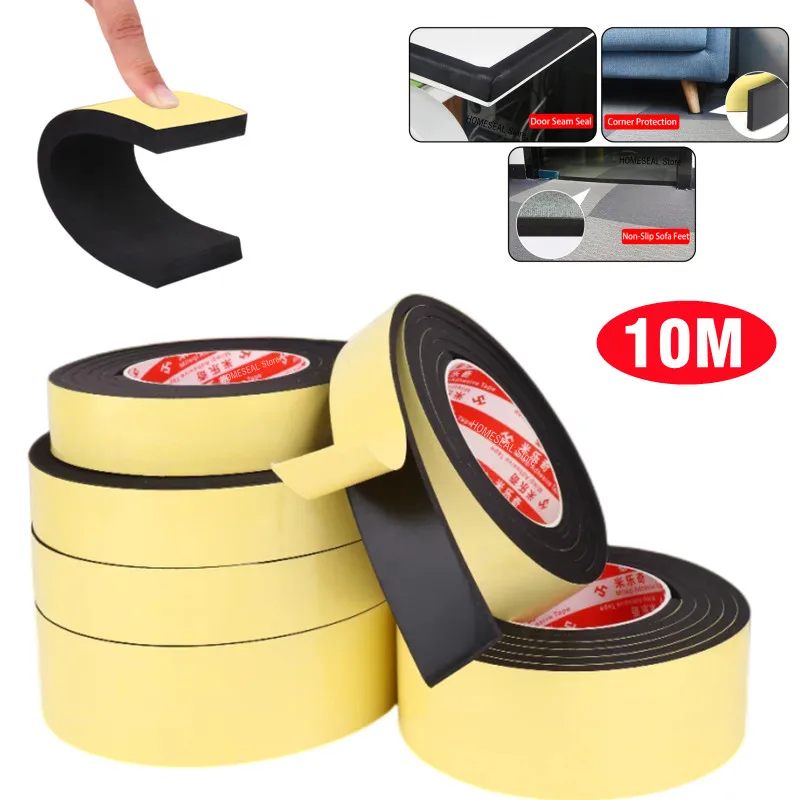 1-10mm Thick Black Foam Sponge Rubber Strip Tape Waterproof Single Sided Adhesive Anti-collision Window Door Seal Strip