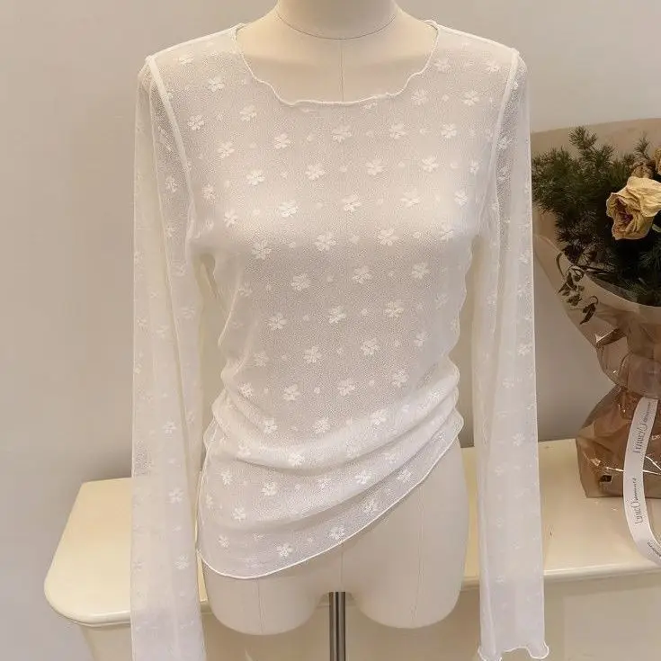 Elegant Lace Pattern Base Shirt Women's Spring Summer New Micro Transparent Mesh T-Shirt Inner Thin Top Trendy Korean Style L...