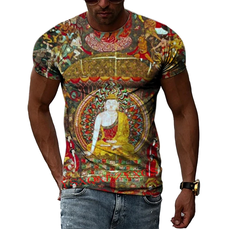 China Dunhuang Mural Art 3D Harajuku Printed Men\'s And Women\'s Summer Short-Sleeved Round Neck Literary Fashion New T-shirt Top