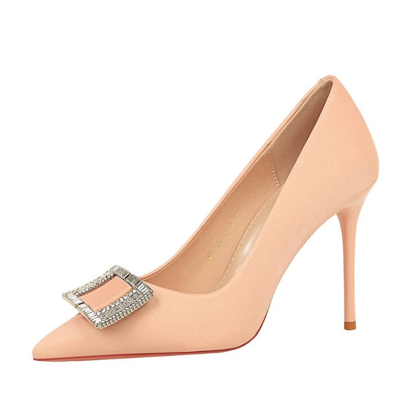 Fashionable High Heels For Women With Light Mouth Square Buckle Rhinestone Slim Heels Single Shoes Pointed Toe High-End Shoes