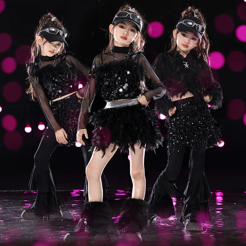 

Kid Cute Hip Hop Clothing Black Feather Shirt Crop Top Mesh T Shirt Flare Pants Mini Skirt for Girls Jazz Dance Costumes Clothes