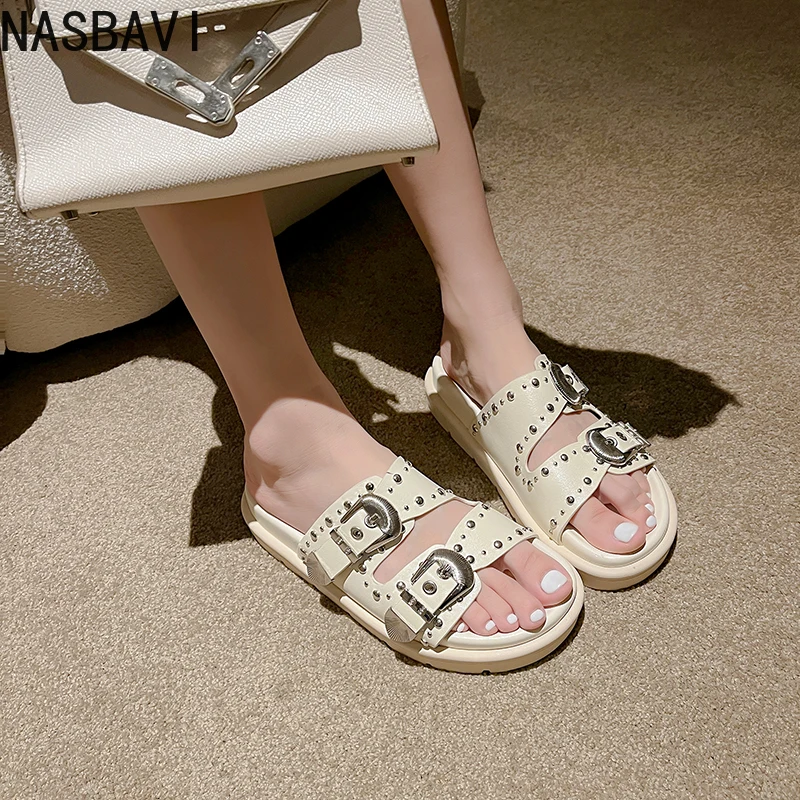 

NASBAVI Women Sandals Shoes Fashion Genuine Leather Low Heels Woman Round Toe Summer Casual Rivet Slippers Shoe Size 34-40