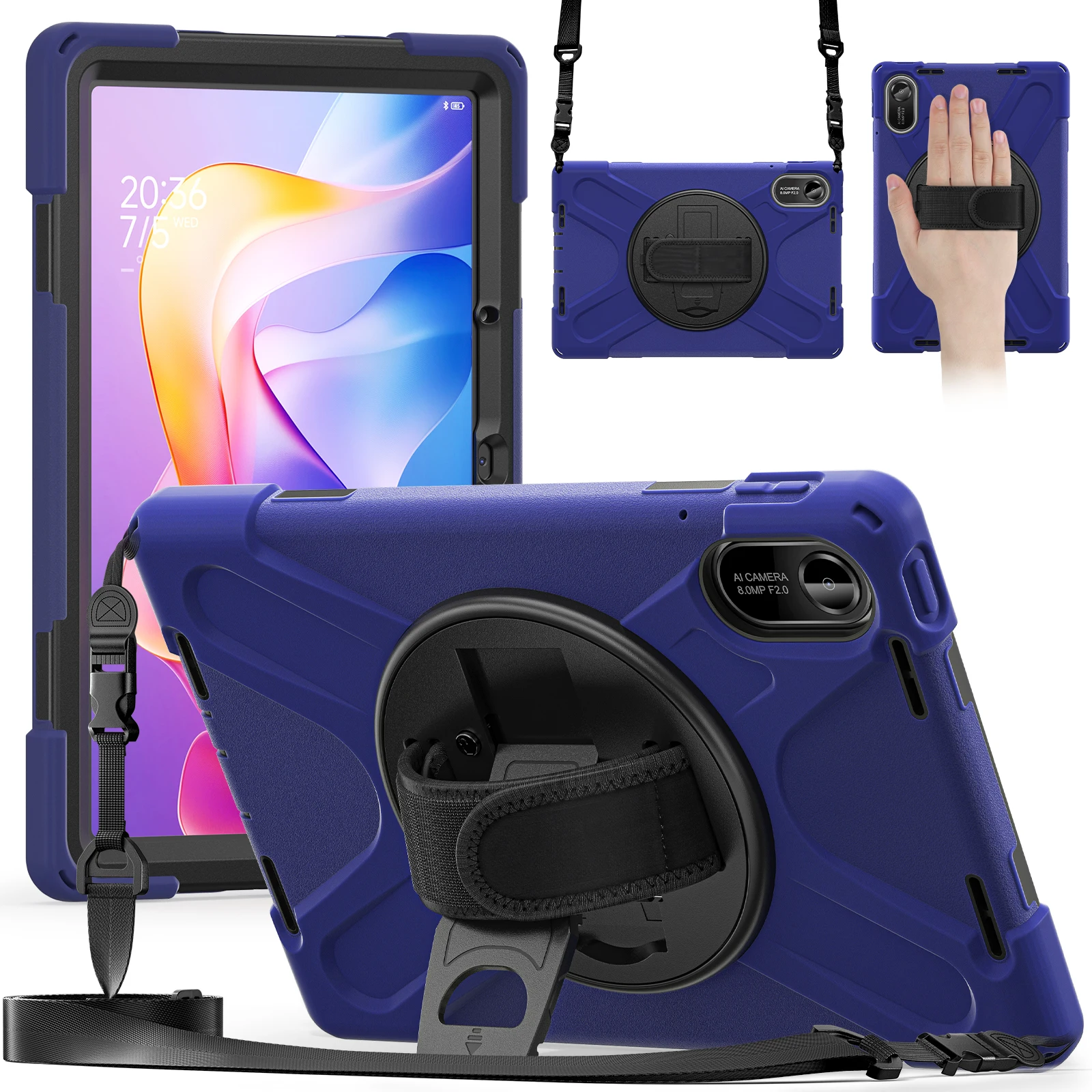 For Xiaomi Redmi Pad 2 Kickstand Case TPU PC Silicone Tablet Cover with Shoulder Strap - Navy Blue
