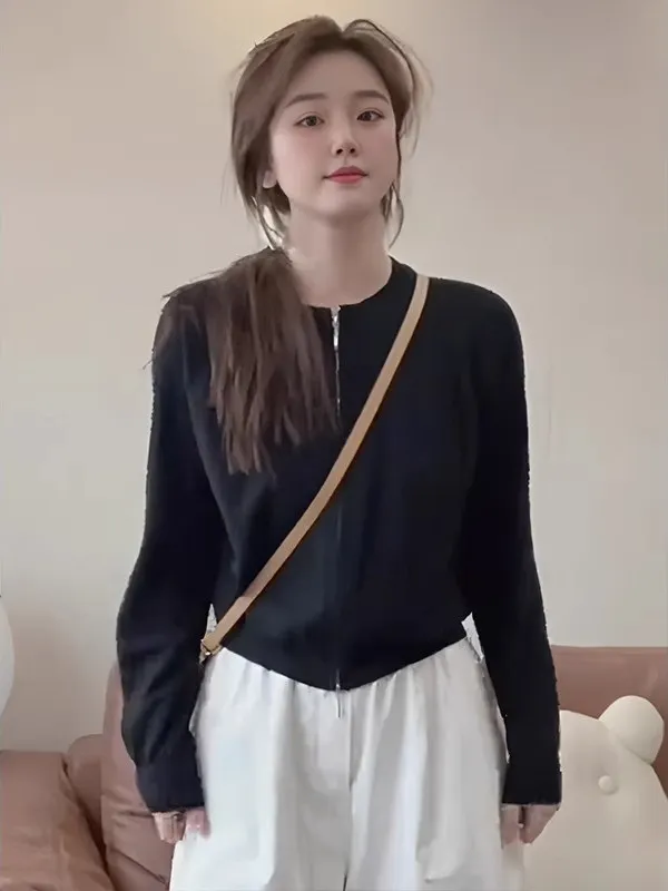 더블 지퍼 얇은 롱 니트 스웨터 여성용 루즈핏 봄 가을 가디건 아우터웨어 레이지 패션 탑