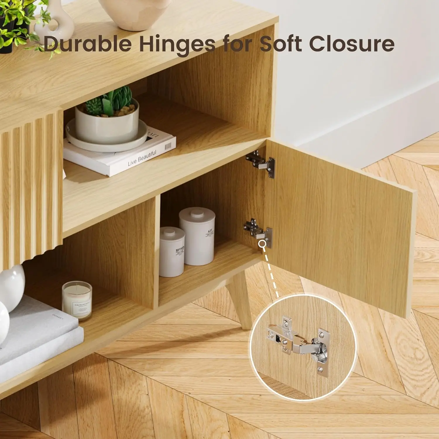 Fluted Buffet Sideboard Oak, Modern Storage Cabinet With Storage, Accent Cabinet With Solid Wood Legs, Console Table With Doors