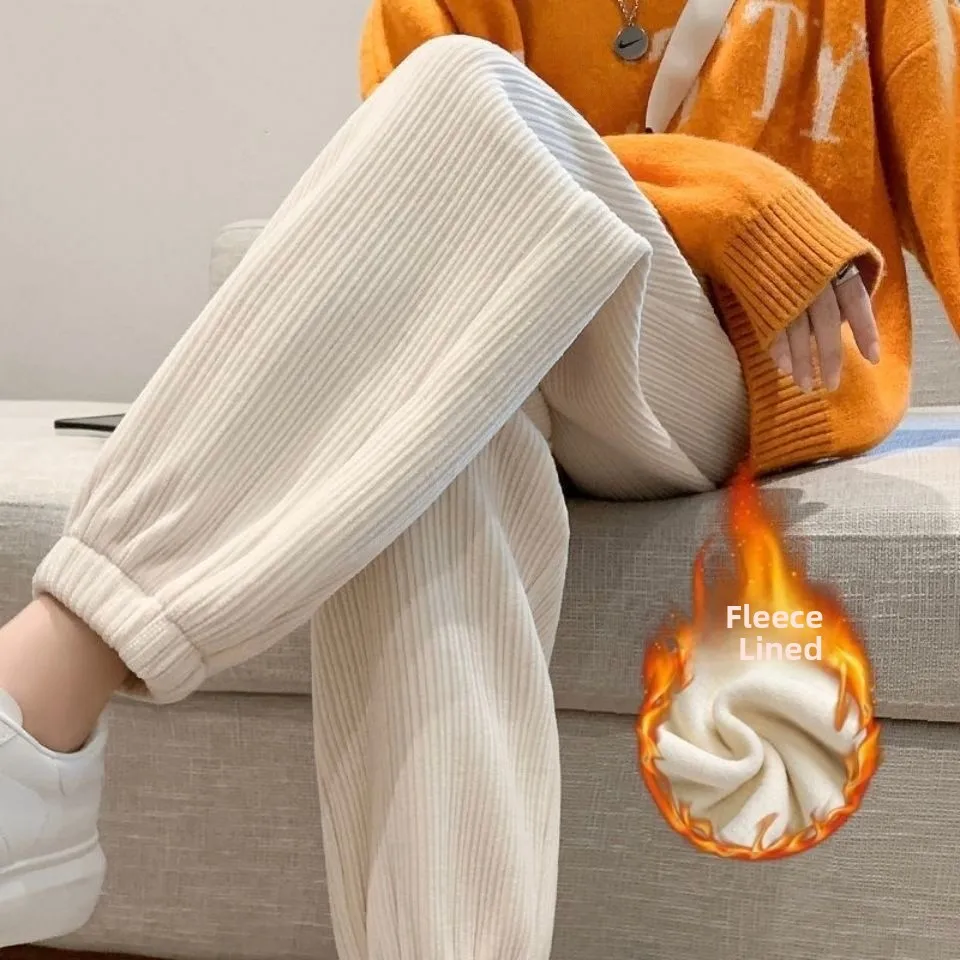 Women's Fleece Lined Corduroy Sports Pants Loose Cuffed Autumn Winter New Style Slimming Casual Trendy Harajuku Style Trousers