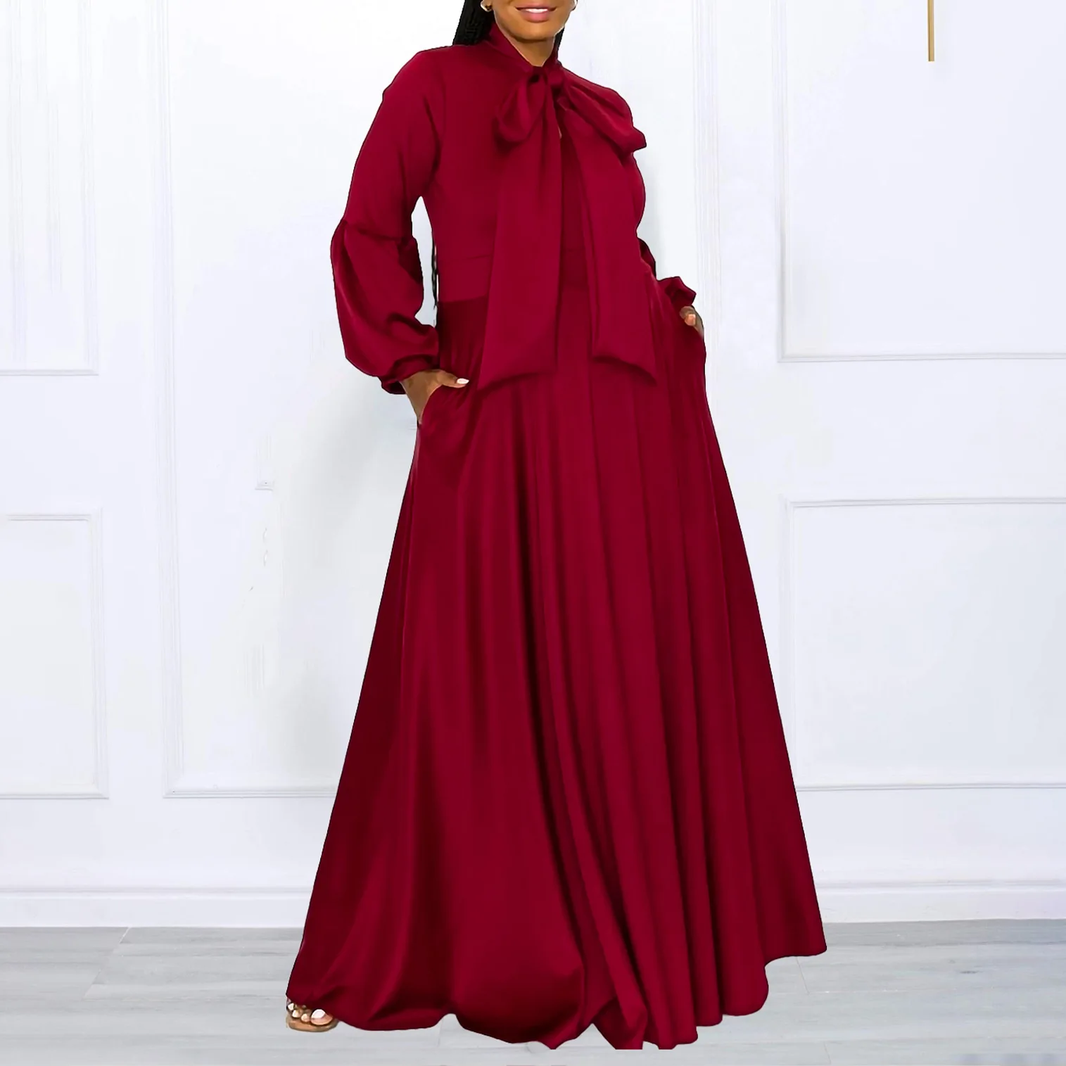

C8568 Autumn/winter New Solid Color Plus Size Tie-waist Puff Sleeve High-waisted Long Skirt Dress Summer Maxi Dress Party Luxury