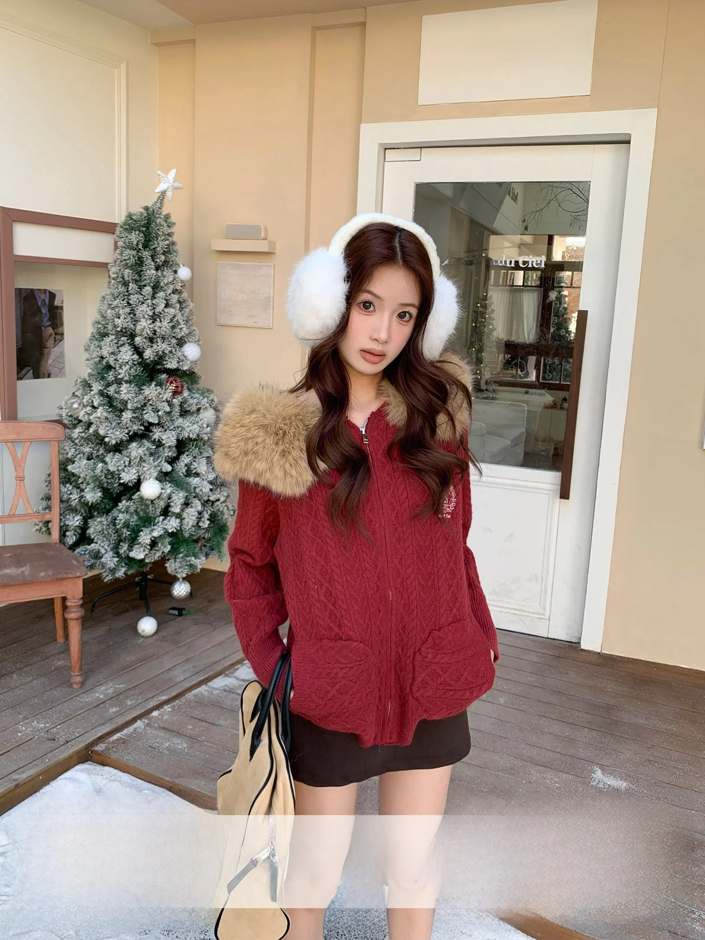 

Red Knitted Sweater with Fur Collar Orange Tree New Year's Faion Women's Winter Warm Cardigan Vintage Sle Long Sve Zipper