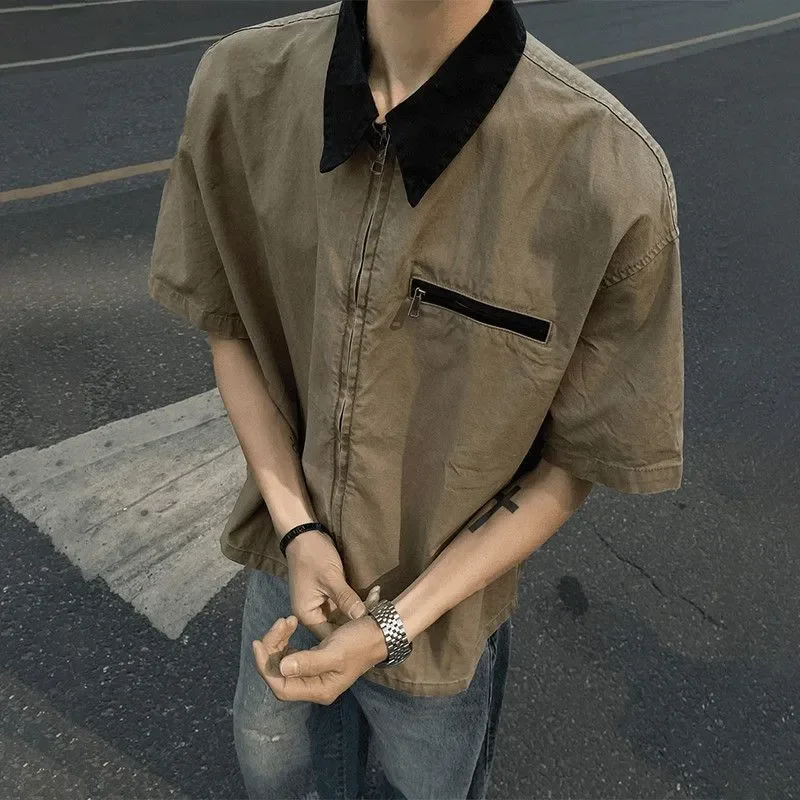

Мужская рубашка цвета хаки с контрастным воротником на молнии и коротким рукавом, уличная одежда, повседневный модный топ